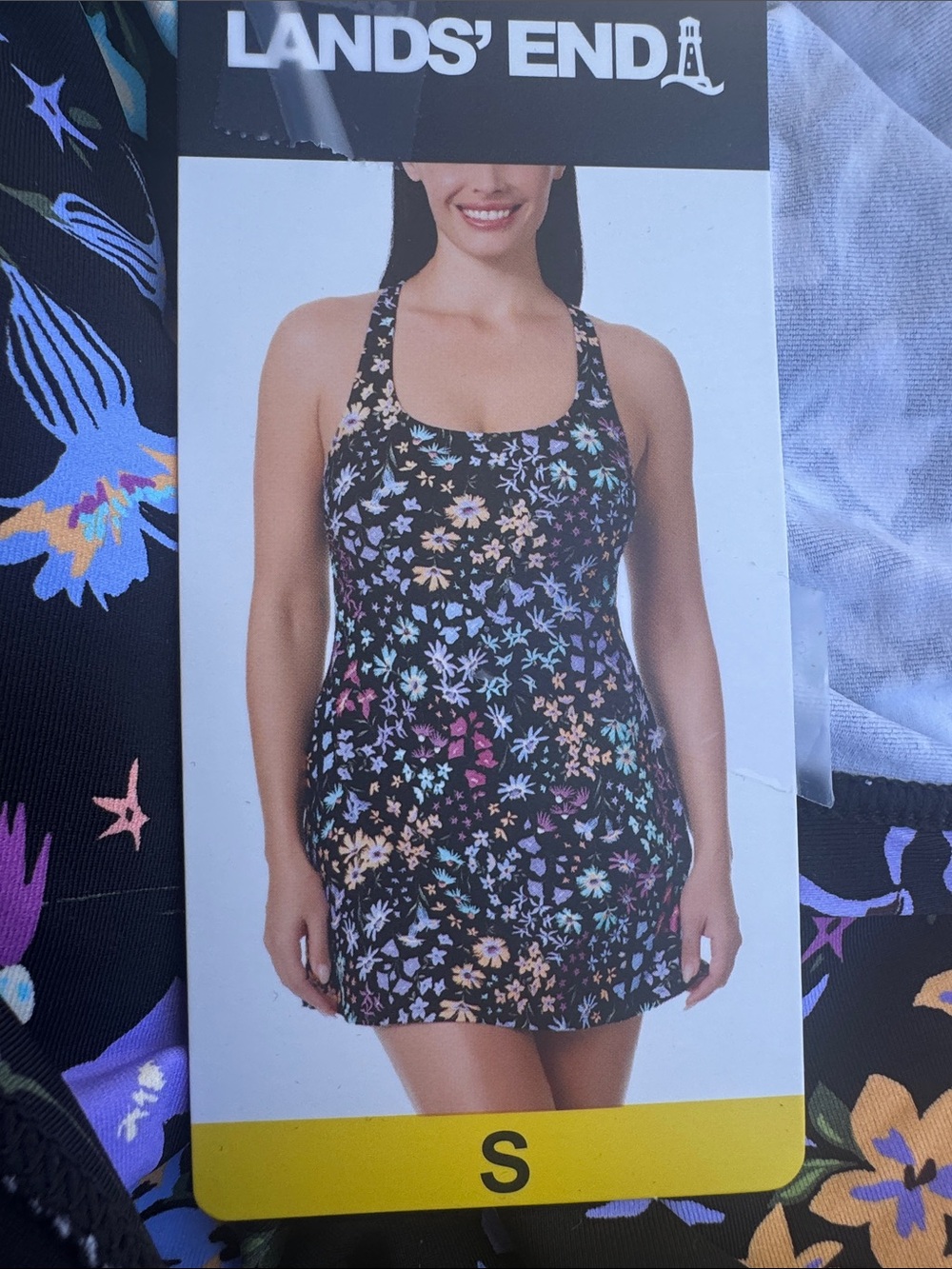 Lands' End Black Floral Swimdress with Multicolor Flowers